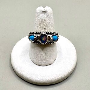 Carolyn Pollack Sterling Silver Turquoise & Opal Roped Ring 8.25